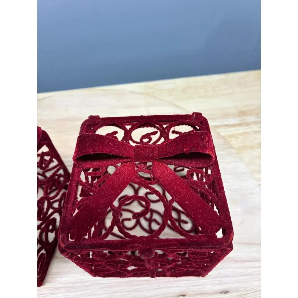 Pair of Red Velvet Gift Box Ornaments | Flocked Metal Filigree Boxes with Bows